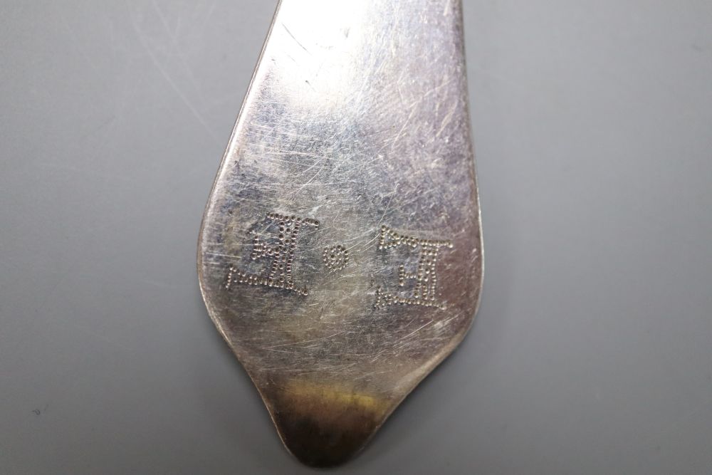 An early 18th century silver dog nose rat tail spoon, indistinct marks, maker, William Scarlett, circa 1705, 19.2cm, 38 grams.